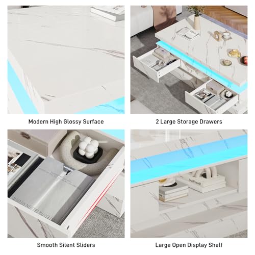47.2 Inch Modern High Glossy LED Coffee Table with 2 Sliding Drawers, Double-Layer Center Tables with LED Lights for Livings Room Furniture, White