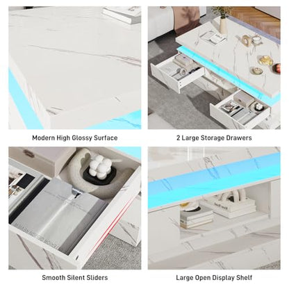 47.2 Inch Modern High Glossy LED Coffee Table with 2 Sliding Drawers, Double-Layer Center Tables with LED Lights for Livings Room Furniture, White