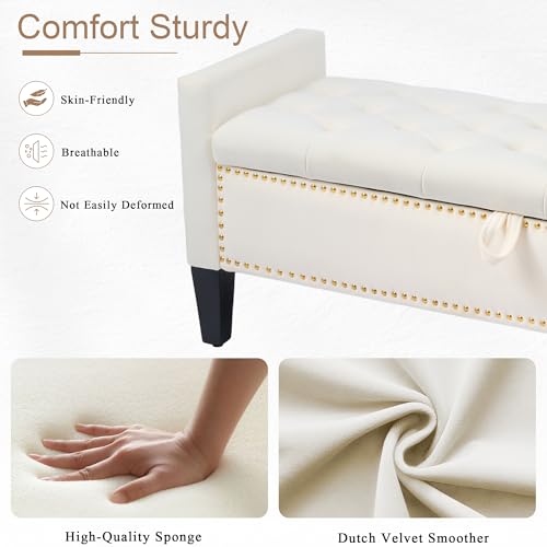 Velvet Storage Ottoman Bench, 46'' Upholstered Button Tufted End of Bed Bench, Modern Entryway Ottoman Bench with Arms, Beige