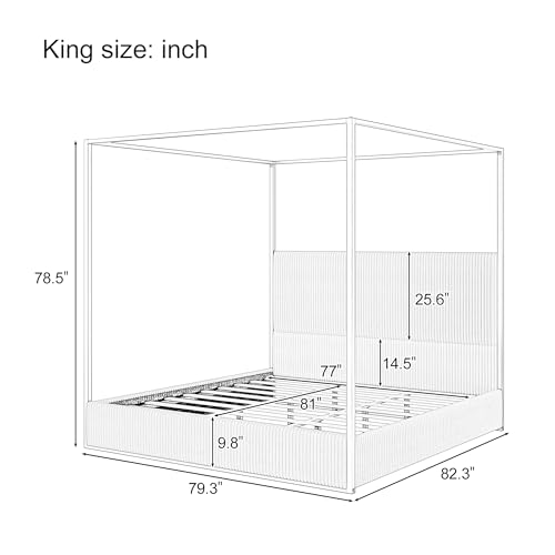 Luxury King Metal Canopy Bed with Tall Upholstered Headboard, White, view 3