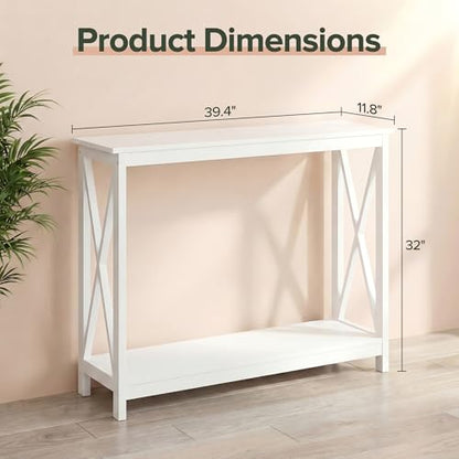 Console Table 39.5”, 2-Tier Narrow Sofa Side Table with Storage Shelf, Entrance Table for Hallway/Foyer/Living Room/Corridor/Office, White