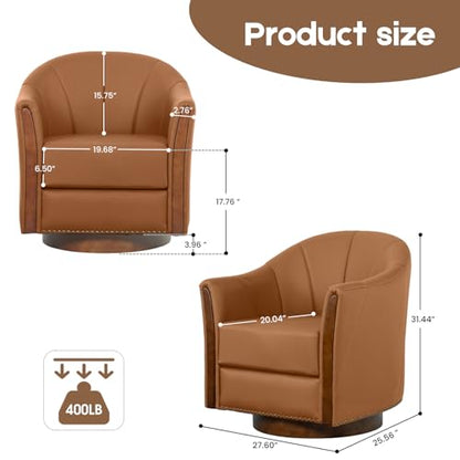 360° Swivel Accent Chair, Leather Swivel Barrel Chairs with Nailhead Trim & Wood Base, Round Armchair Club Chair, Modern Reading Chairs for Living Room (BX01, Wood Brown)