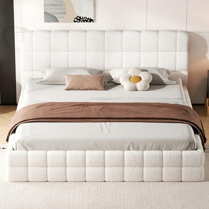 JIVOIT King Size Upholstered Platform Bed with Headboard, Berber Fleece Fabric (White & 12,King)