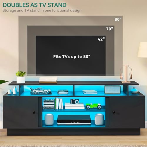 Modern TV Stand with LED Lights for up to 80 Inch TVs, Black, view 4
