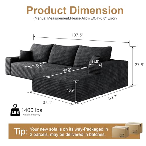 AUGOP 108" Sectional Couches for Living Room Modern Modular Sofa with L-Shape Couchs Upholstered Boneless Couch Deep Seat Sectional Couch with Chaise (Black, Right Facing Chaise+2Seaters)