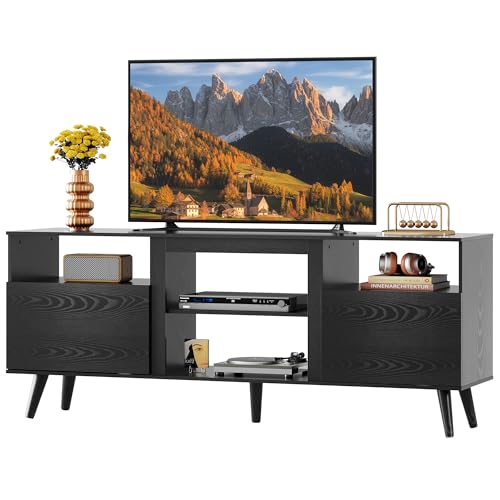 Mid-Century Modern TV Stand for 55 60 65 Inch TV, Entertainment Center with Extra Open Shelf & Storage Cabinets, Media TV Console for Living Room Bedroom Office, Black