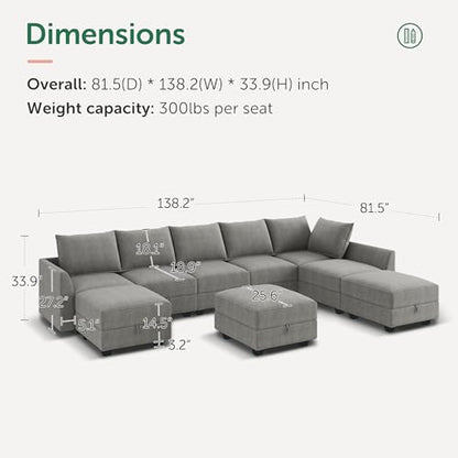 Oversized Modular Sectional Sofa with Storage Seats Reversible Couch with Ottomans U Shaped Modular Sectional Couch for Living Room, Grey