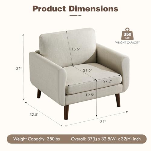 Oversized Accent Chair for Living Room, 37" Mid-Century Modern Comfy Reading Chair, Linen Fabric Solid Wood Frame Armchair, Upholstered Oatmeal Bedroom Accent Chairs Set of 2 for Adults