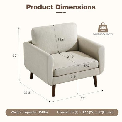 Oversized Accent Chair for Living Room, 37" Mid-Century Modern Comfy Reading Chair, Linen Fabric Solid Wood Frame Armchair, Upholstered Oatmeal Bedroom Accent Chairs Set of 2 for Adults