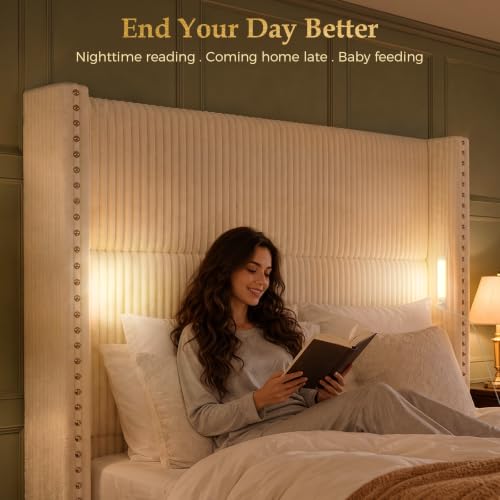 Queen Bed Frame with 56.7" Tall Wingback Headboard & Reading Lights, Cream, view 7