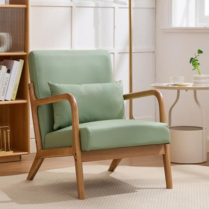 Mid Century Modern PU Leather Chair with Lumbar Pillow and Solid Wood Frame, view 2