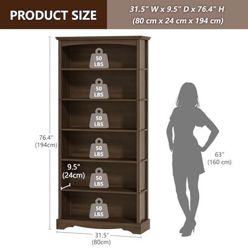 6-Tier Wooden Bookshelf, 76 Inch Tall Bookshelf with Storage, view 4