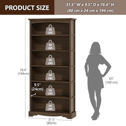 6-Tier Wooden Bookshelf, 76 Inch Tall Bookshelf with Storage, view 4
