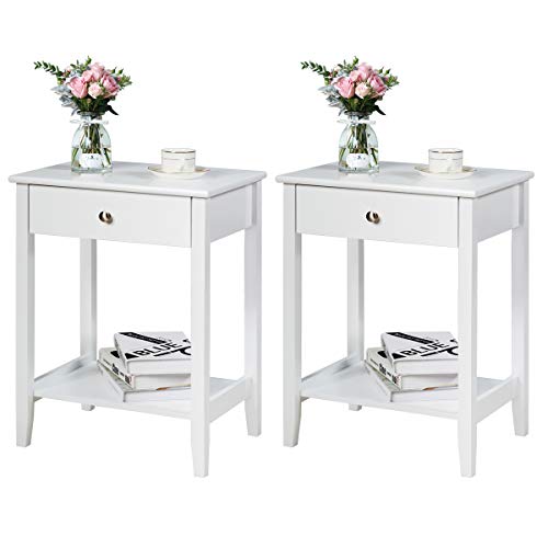 Nightstand Wooden 2-Tier Couch Sofa Side Table with Drawer, Storage Shelf, Solid Wood Legs,Mufti-Functional Home Furniture for Living Room Bedroom Study Room End Table (2, White)