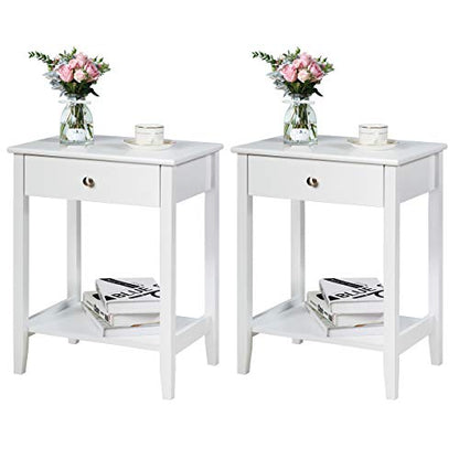 Nightstand Wooden 2-Tier Couch Sofa Side Table with Drawer, Storage Shelf, Solid Wood Legs,Mufti-Functional Home Furniture for Living Room Bedroom Study Room End Table (2, White)
