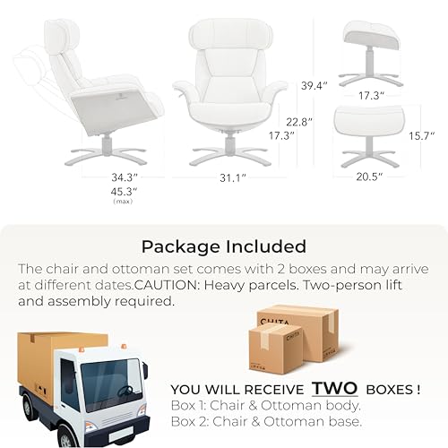 CHITA Genuine Leather Reclining Swivel Accent Chair with Ottoman, White