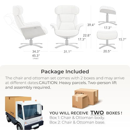 CHITA Genuine Leather Reclining Swivel Accent Chair with Ottoman, White