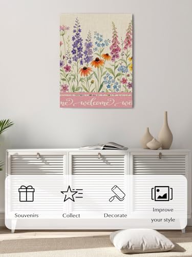 NuYeBiofx Summer Wildflower Retro Linen Canvas Wall Art Prints,48"x32" Framed Picture Artwork Colorful Floral Green Leaf Printed Canvas Oil Painting for Living Room Bedroom Office,Ready to Hang
