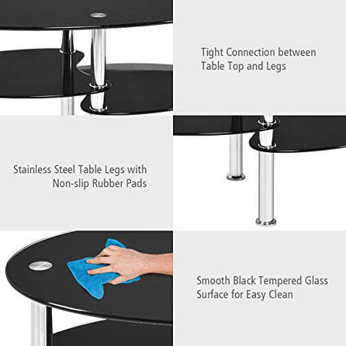 Glass Coffee Table, 3-Tier Modern Oval Smooth Glass Tea Table Center Table End Table with Open Storage Shelf,Sturdy Steel Legs for Living Room,Home,Office,Cocktail Tea Table (Black)