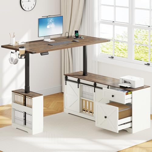 63" Farmhouse L Shaped Electric Standing Desk with Sliding Door Storage, Height Adjustable Sit Stand Corner Computer Desk with Power Outlets, Drawers & Cup Holder for Home Office, White