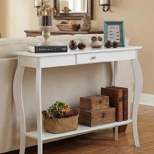 Narrow Console Table with Drawer, Chic Accent Sofa Table, Entryway Table, 39.3 Inch, White