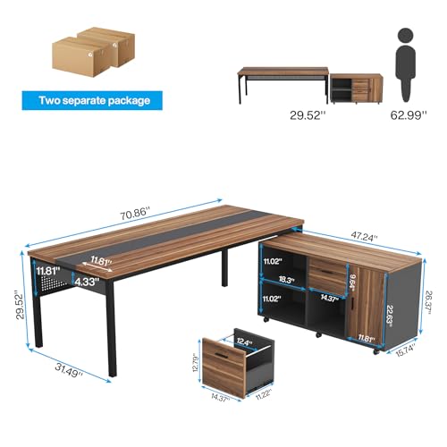 Tribesigns 71 Inch Executive Desk, L-Shaped Desk with Mobile File Cabinet, Executive Office Table with 2 Drawers and Storage Shelves, Business Furniture Workstation for Home Office, Walnut and Black