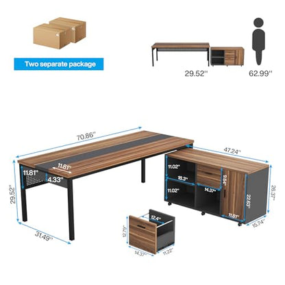 Tribesigns 71 Inch Executive Desk, L-Shaped Desk with Mobile File Cabinet, Executive Office Table with 2 Drawers and Storage Shelves, Business Furniture Workstation for Home Office, Walnut and Black