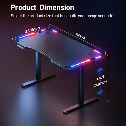 47" Electric Gaming Standing Desk with LED Lights, Black, 180lb, 27.8", view 4