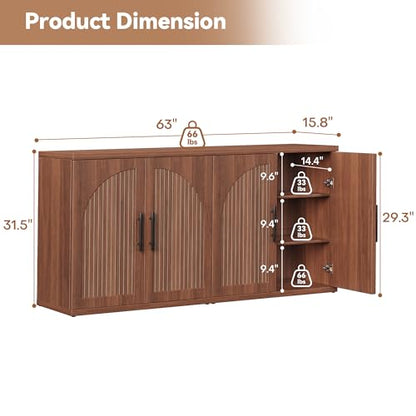 63" Fluted Buffet Cabinet, Walnut Credenza with Adjustable Shelf, view 3