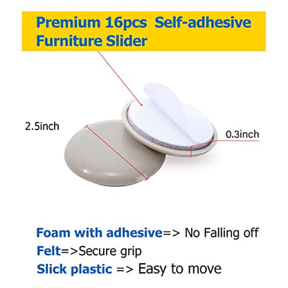 Self-Adhesive Furniture Slider, 2.5Inch Self-Adhesive Furniture Moving Pads, Adhesive Carpet Slider is Suitable for Carpet 16 Pieces, Furniture Moving Slide-Easily Move Any Item