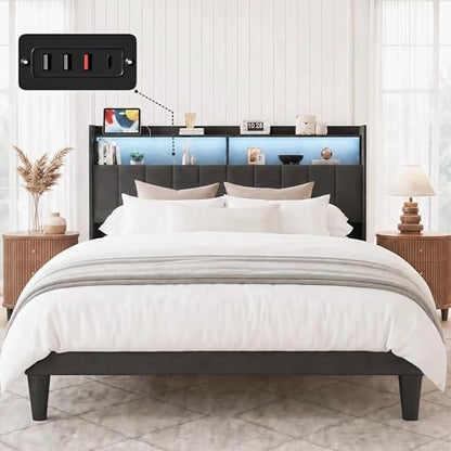 Upholstered Queen Size Bed Frame with Headboard, LED & USB Ports, view 2