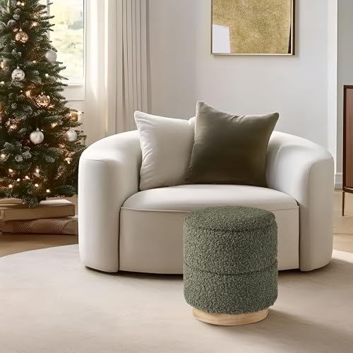 Round Ottoman with Storage, Modern Boucle Ottoman Upholstered Foot Stool with Wood Base, Vanity Stool Chair, Footrest Extra Seat for Living Room Bedroom Entryway (Olive Green)