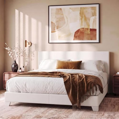 Queen Size Upholstered Bed Frame Adjustable Headboard, White, view 4
