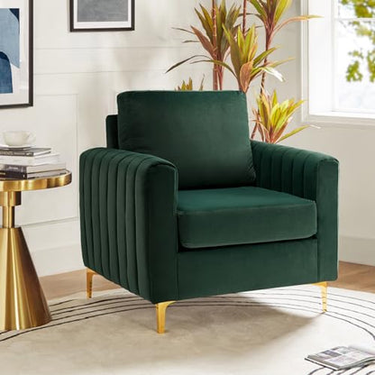 Velvet Accent Club Chair, Modern Velvet Armchair Upholstered Accent Club Sofa Chair with Gold Metal Legs Mid-Century Barrel Leisure Comfy Reading Armchair, Green