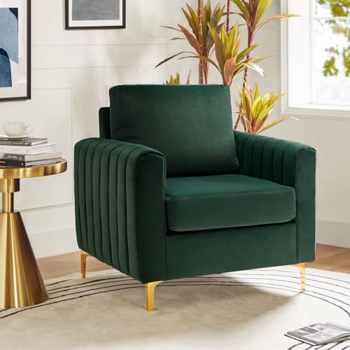 Velvet Accent Club Chair, Modern Velvet Armchair Upholstered Accent Club Sofa Chair with Gold Metal Legs Mid-Century Barrel Leisure Comfy Reading Armchair, Green