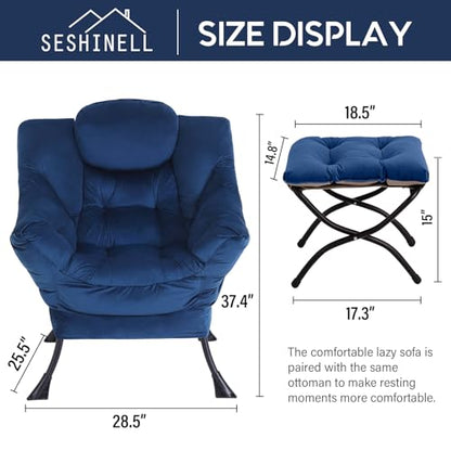 Lazy Chair with Ottoman, Modern Accent Chair Sofa Chair with Armrests, Reading Chair and Folding Footstool for Living Room, Bedroom, Office, Royal Blue