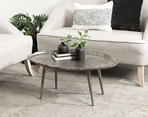 Alessia Modern Glam Oval Coffee Table; 34 x 20 x 15; Silver; Metal Living Room Table for Storage and Display with Antique Deckled Edge Detailing