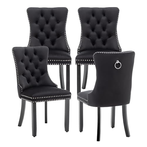 Velvet Dining Chairs Set of 4, Upholstered Dining Room Chairs with Ring Pull Trim and Button Back, Luxury Tufted Dining Chairs for Living Room, Bedroom, Kitchen (Black)
