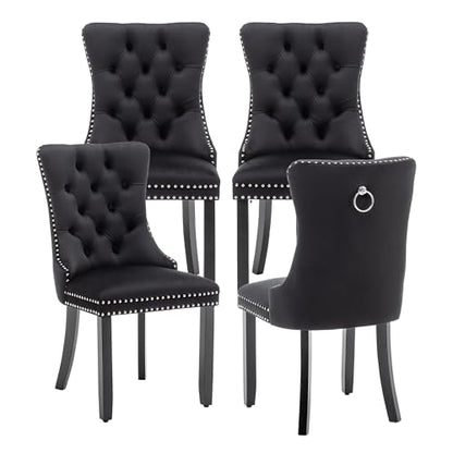 Velvet Dining Chairs Set of 4, Upholstered Dining Room Chairs with Ring Pull Trim and Button Back, Luxury Tufted Dining Chairs for Living Room, Bedroom, Kitchen (Black)