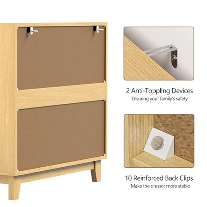 3 Drawer Rattan Dresser for Bedroom, Small Boho Nightstand Sets with Wooden Feet, Rattan Wood Clothes Storage Cabinet for Hallway, Living Room, Entryway (Wood, 3 Drawers)