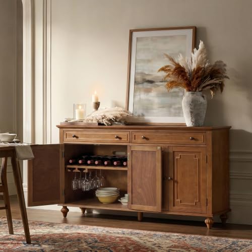 58" Sideboard Storage Cabinet, 4 Doors Storage Sideboard with Adjustable Shelves & 2 Drawers, Chic Channel Design, Transitional Buffet, Acorn