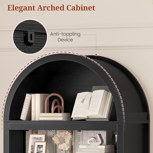 81" Tall Arched Cabinets,Bookcase with storage,Mid-Century Modern 6-Tier Bookshelf with Door,2 Book Risers and Adjustable Shelves offering more storage space for Living Room,Home Office,Black+Oak