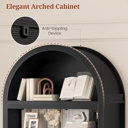 81" Tall Arched Cabinets,Bookcase with storage,Mid-Century Modern 6-Tier Bookshelf with Door,2 Book Risers and Adjustable Shelves offering more storage space for Living Room,Home Office,Black+Oak
