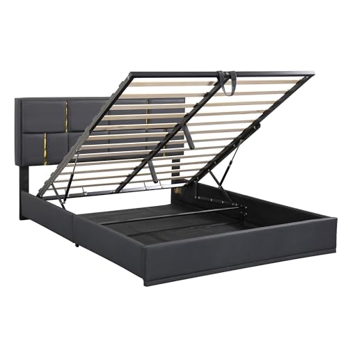 Upholstered Bedroom Furniture Set with Ottoman, Queen Upholstered Platform Bed with Hydraulic Storage System and Storage Ottoman, 2 Piece Bedroom Furniture Set Queen Size, Black