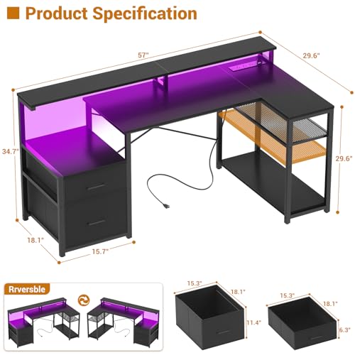 L Shaped Desk with File Drawer, Reversible L Shaped Gaming Desk, view 3
