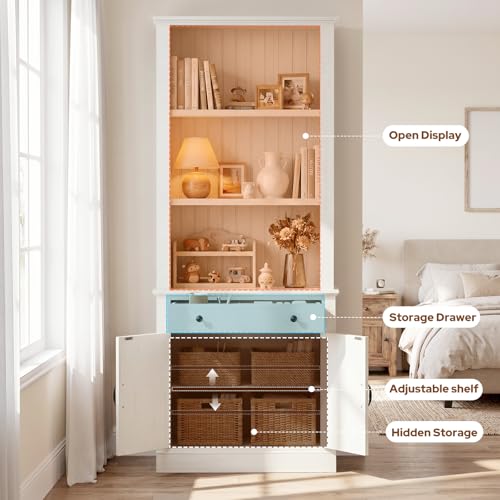 80" Tall Bookshelf with Drawer and Doors, Rustic White Bookcase, view 4