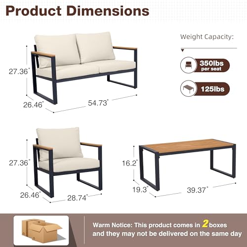 Patio Furniture Set, 4 Pieces Outdoor Patio Furniture with Coffee Table Set, Metal Patio Conversation Sets with Washable and High-Resiliency Sponge Cushions, Upgarded Beige