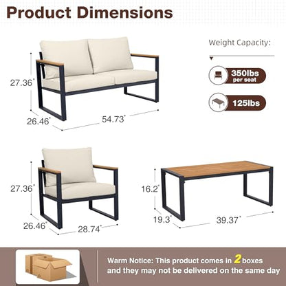 Patio Furniture Set, 4 Pieces Outdoor Patio Furniture with Coffee Table Set, Metal Patio Conversation Sets with Washable and High-Resiliency Sponge Cushions, Upgarded Beige