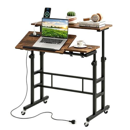 Height Adjustable Mobile Standing Desk with Built-in Power Outlets, view 2