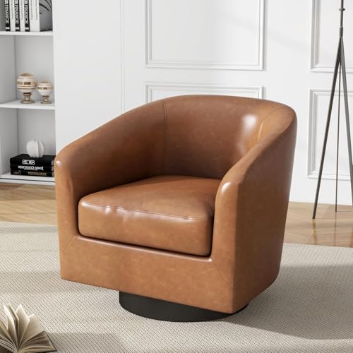 Faux Leather Swivel Accent Chairs Set of 2, Barrel Armchair, Brown